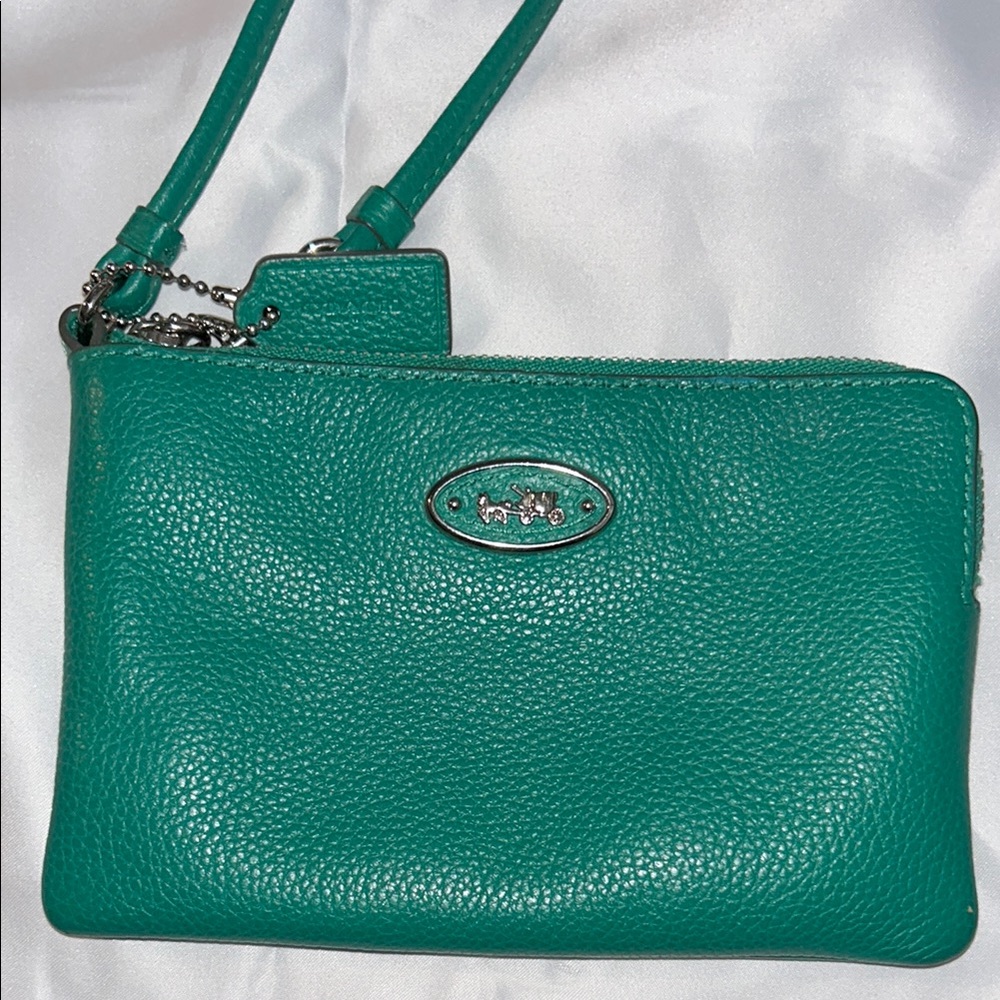 Coach Green Leather Clutch with silver Hardware